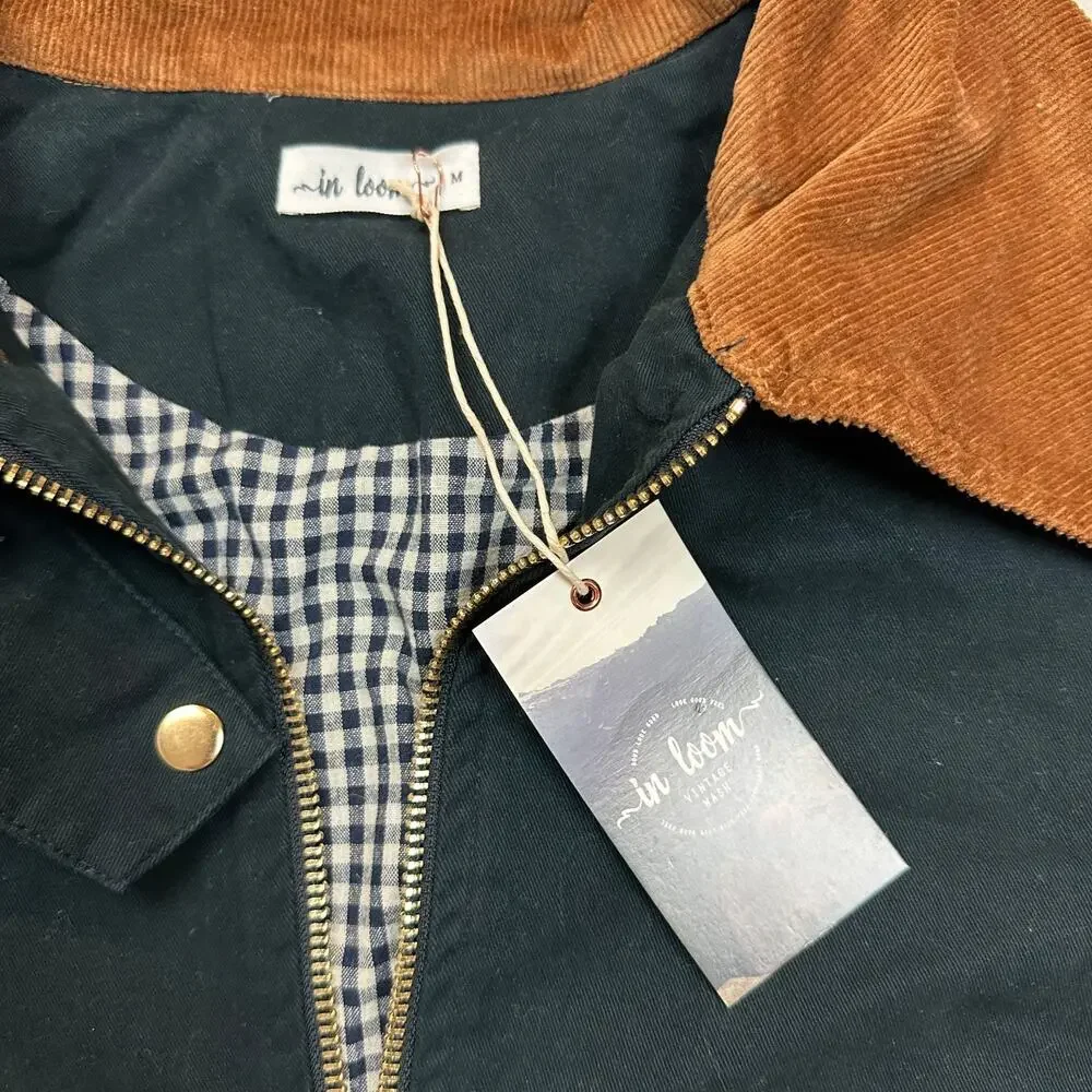 In Loom Vintage Wash Barn Jacket Women's Size M Black Denim Full Zip Chore Coat - Picture 2 of 6